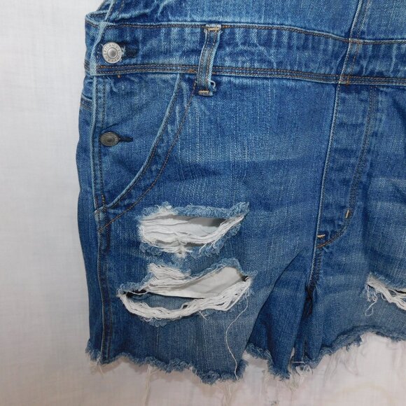 AE American Eagle Womens L Distressed Blue Jean Denim Short Overalls Medium Wash - Picture 6 of 12